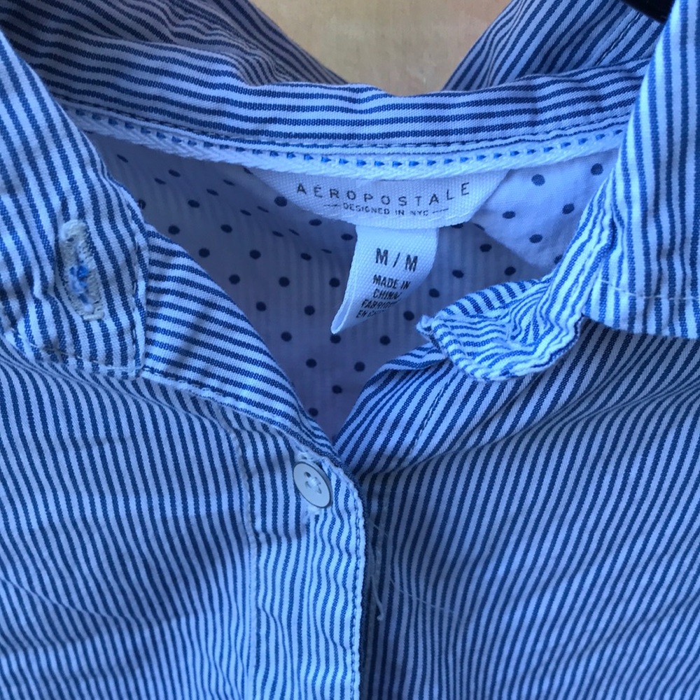 Aeropostale Blue Pinstripe Button Down Shirt Polka Dot Cuffs M